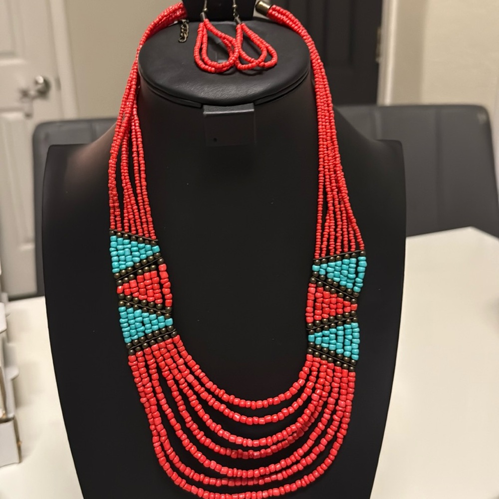 Elegant Orange and Turquoise Beaded Necklace Set